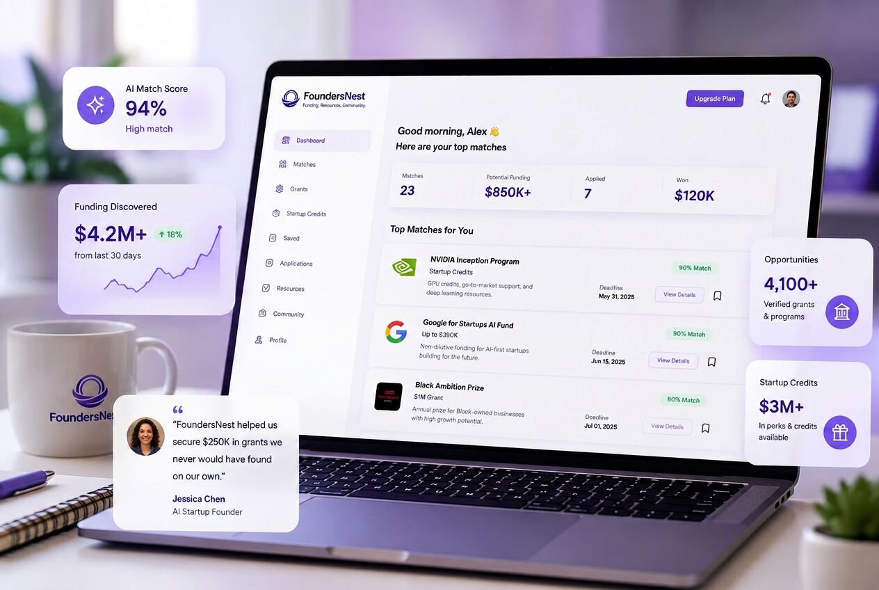 FoundersNest dashboard showing AI-matched grants, funding stats, and opportunities.